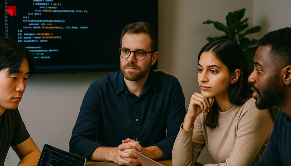 Four developers working together in a bright tech workspace, analyzing mobile app wireframes and backend code on large monitors during an MVP planning session.
