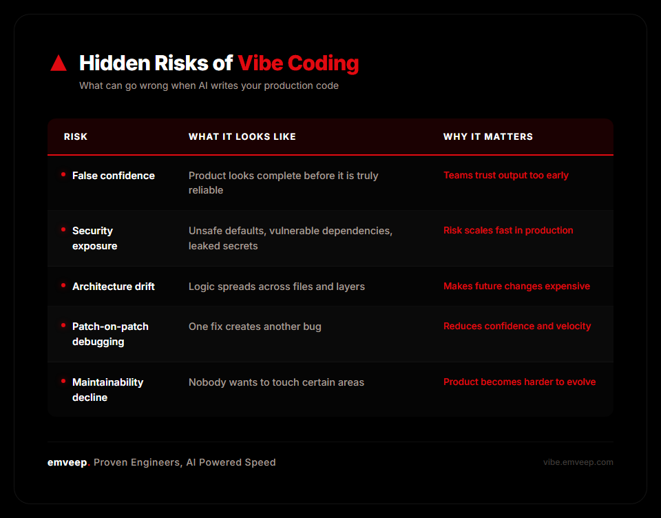 Vibe coding risk table showing AI-generated code risks such as false confidence, security exposure, architecture drift, patch-on-patch debugging, and maintainability decline in production software
