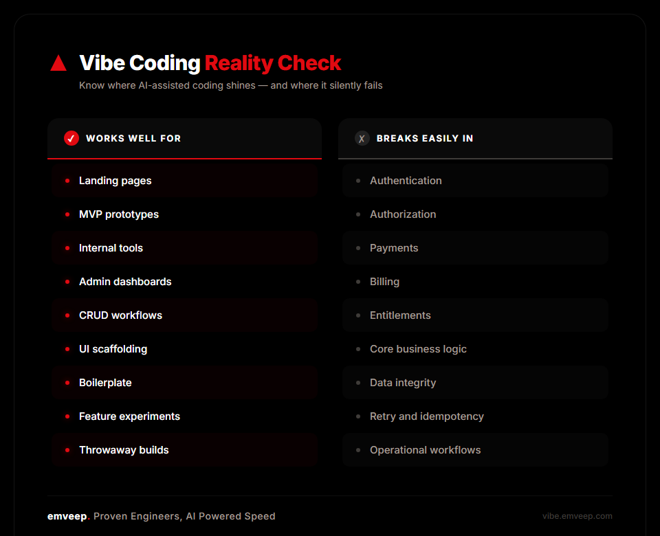 Vibe coding reality check graphic showing where AI-assisted coding works well for prototypes, internal tools, and UI scaffolding, and where it breaks easily in authentication, payments, billing, and core business logic