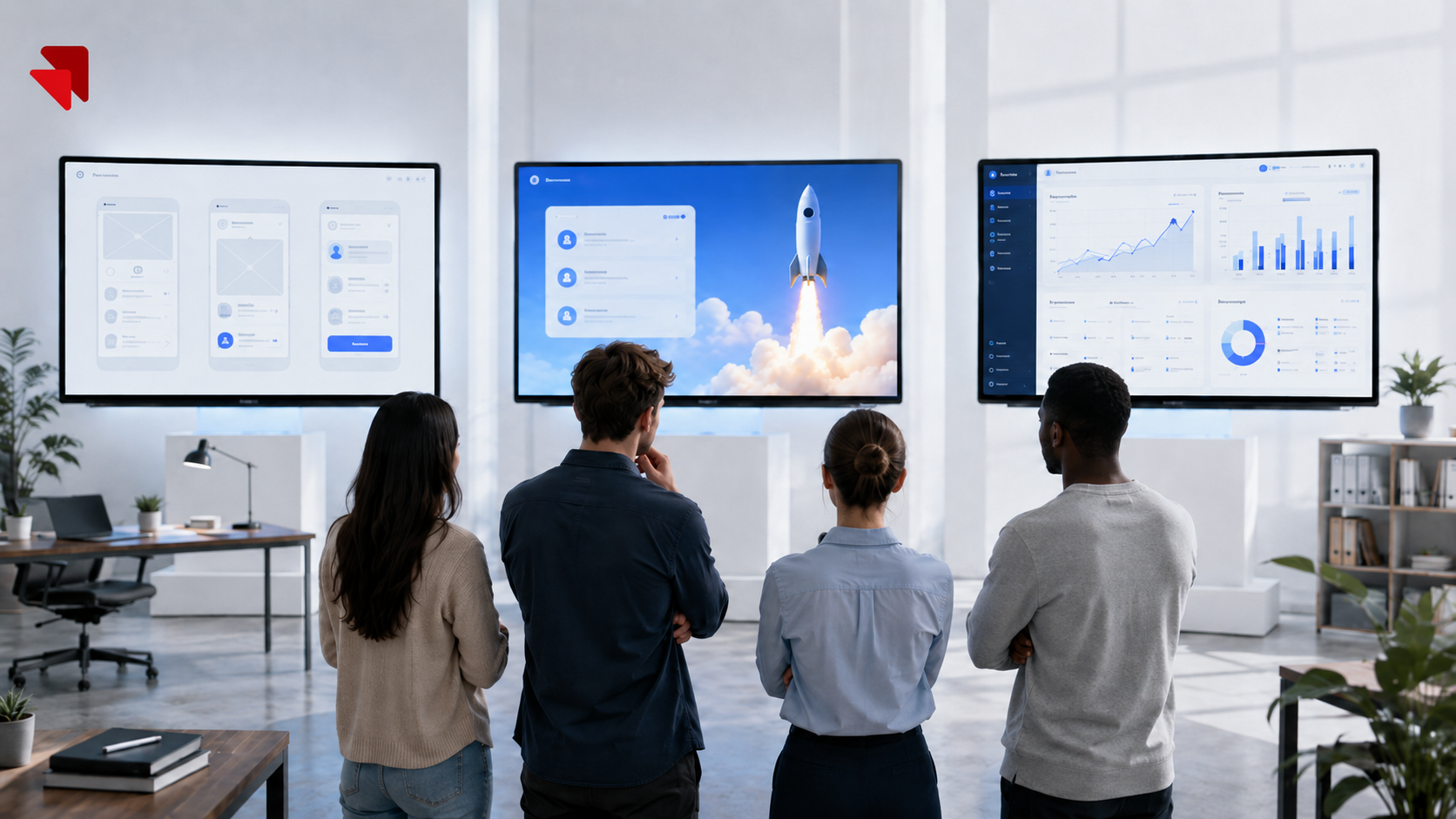 Product team testing a live prototype with a working dashboard, launch concept, and early user feedback in a modern office.