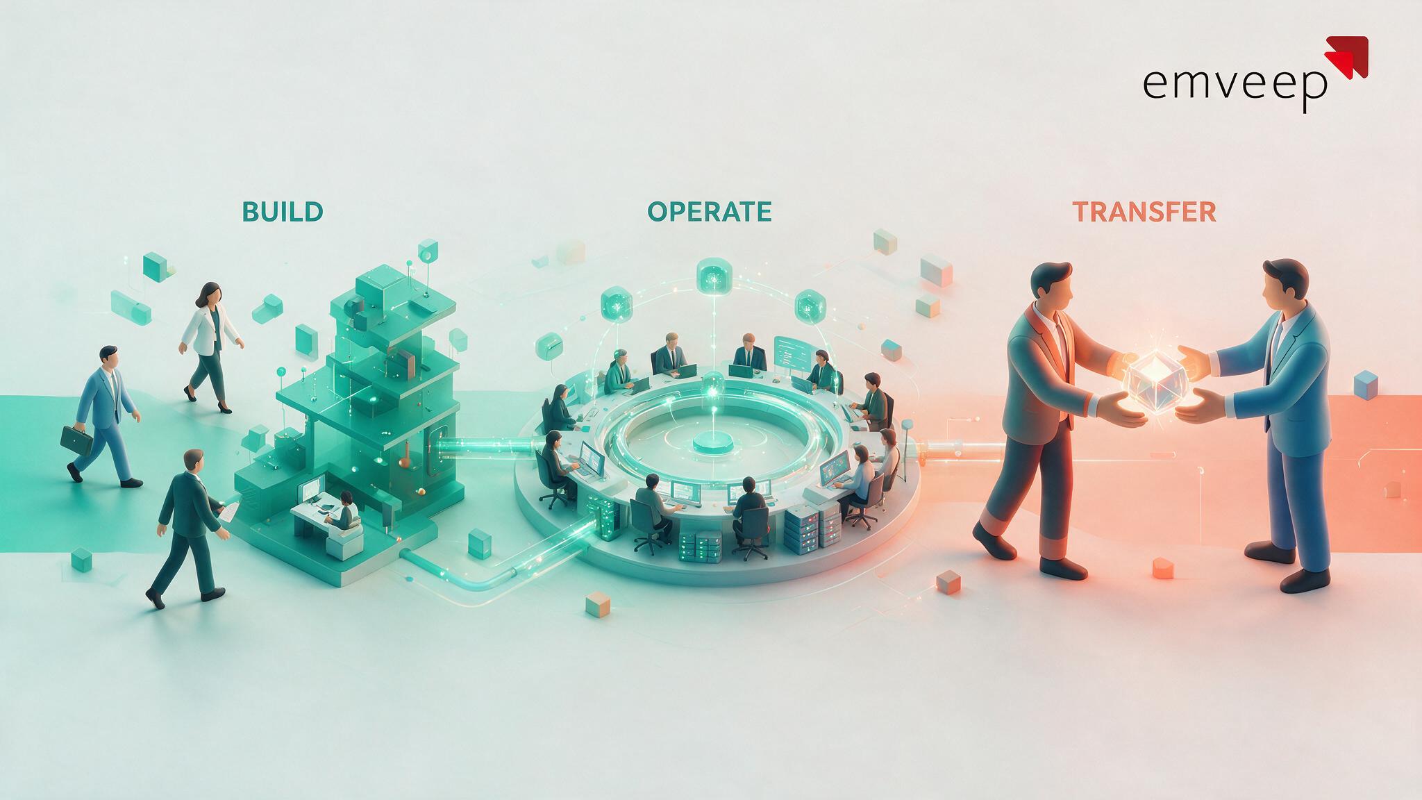 Illustration of the Build-Operate-Transfer model showing a partner building an offshore team then transferring ownership to the client → build-operate-transfer-bot-offshore-development
